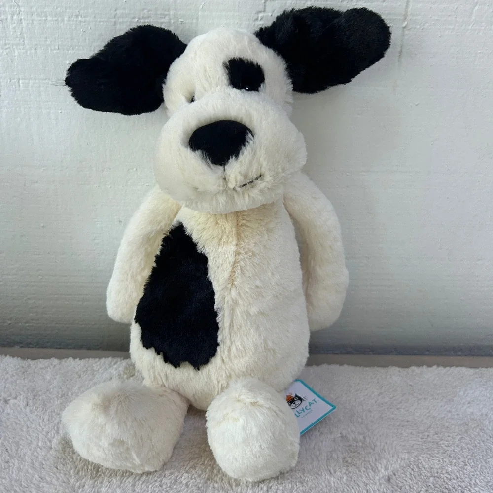 Jellycat Bashful Rufferty Puppy Medium Cream Black Spotted Dog Plush BAS3BCP NWT